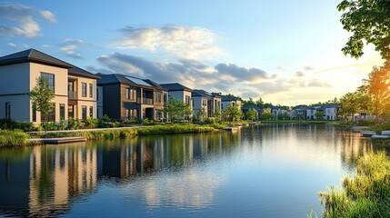 Obraz premium Waterfront Homes Line Calm Evening Lake