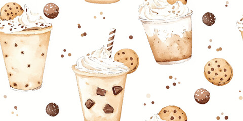 A seamless vector pattern featuring various coffee cups, beans, and cookies on white background perfect for coffee lovers and brunch themes