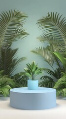 Obraz premium Tropical Plant on Light Blue Pedestal
