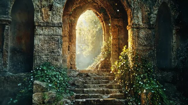 Mysterious enchanted ruins reveal secrets through glowing archway at dusk, Enchanted Ruins stapes on cave video background Seamless ing time-lapse quality