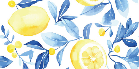 Seamless Pattern of Lemons with Santorini Blue and White, Greece designs. Blue, white patterns and floral motifs for textiles, wallpapers, home decor. Mediterranean style