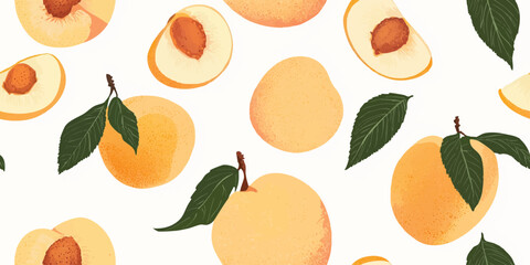 A seamless pattern of juicy peaches and leaves on a white background for design projects menus and product packaging