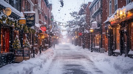 Snow-covered street in a Canadian winter storm, with heavy snowfall and limited visibility, atmospheric cold scenery