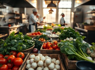 Busy Restaurant Kitchen Chefs Prepare Meals with Tomatoes Garlic Fresh Herbs