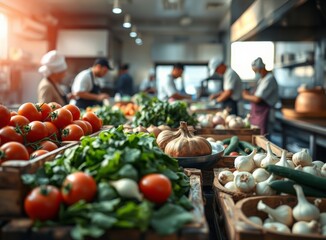 Obraz premium Professional Kitchen with Chefs Preparing Food Restaurant Scene Fresh Ingredients