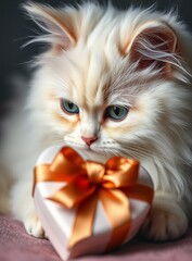 Adorable White Cat with Pink Valentine Gift Box, Pet Love Holiday Present