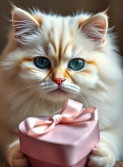 White Cat with Valentine Present, Gift Box, Love Theme Pet Holiday