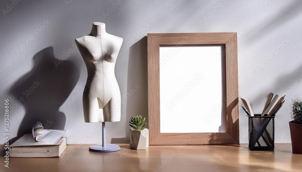 Poster mockup of blank frame with mannequin on table artistic void filled with elegant simplicity amidst a 