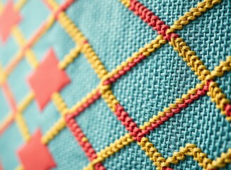 Fototapeta premium Geometric Knitted Fabric, Turquoise, Coral, and Gold Thread, Seamless Texture Design