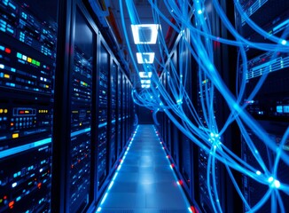 Dark Data Center, Blue Cables, Server Racks, High-Tech IT Infrastructure, Futuristic Concept