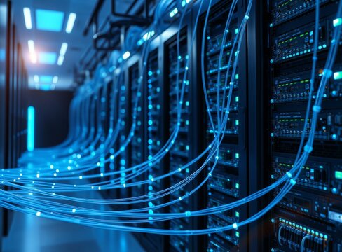 Modern Data Center, Rows of Servers, Blue Cables, High-Speed Connection, Technology Hub