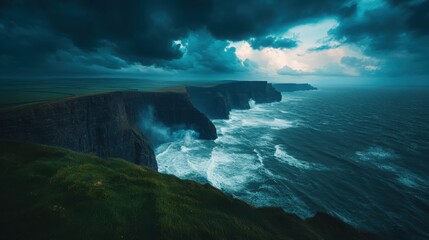 Dramatic Stormy Seascape Dark Cliffs and Turbulent Waves Under a Moody Sky