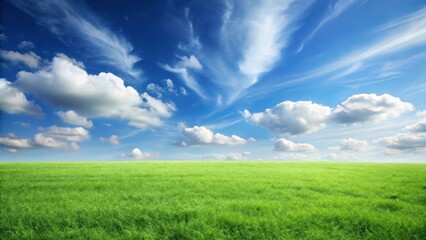 Fototapeta premium Serene Meadow Landscape Under a Vast Expanse of Blue Sky with Puffy Clouds