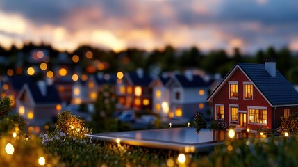 PropTech innovations are transforming real estate. Cozy illuminated homes against a twilight backdrop.