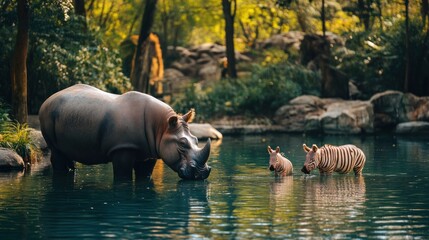 Fototapeta premium Serene Rhino Family at the Watering Hole