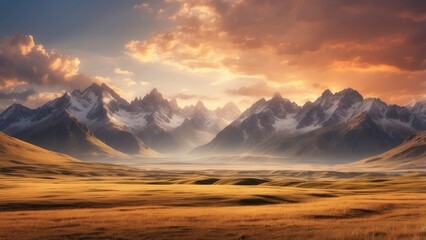 A dramatic mountain landscape at sunset,