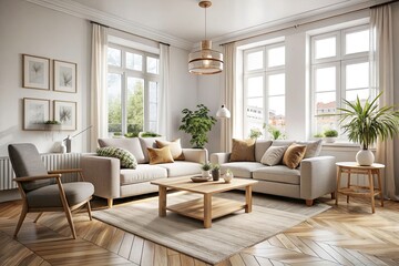 Fototapeta premium White walls, beige accents, and natural light define this minimalist Scandinavian living space.