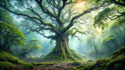 Ancient, Moss-Covered Tree in a Mystical Forest, Bathed in Sunlight and Mist