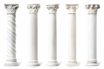 Five classical columns, architectural details, white background, design elements