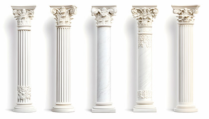 Obraz premium Five ornate columns, classical architecture, white background, design resource