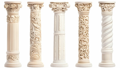 Five ornate columns, studio shot, white background, design resource