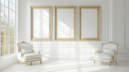 Minimalist modern building interior with blank picture frames and chairs