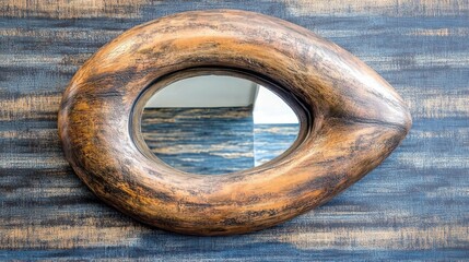 Unique Wooden Frame Mirror on Blue Wall Decor