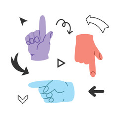 Set of hands with pointing gesture and different arrows. Vector arrows and pointers