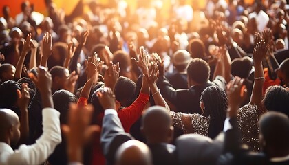 Large crowd worshipping, raising hands, vibrant church service