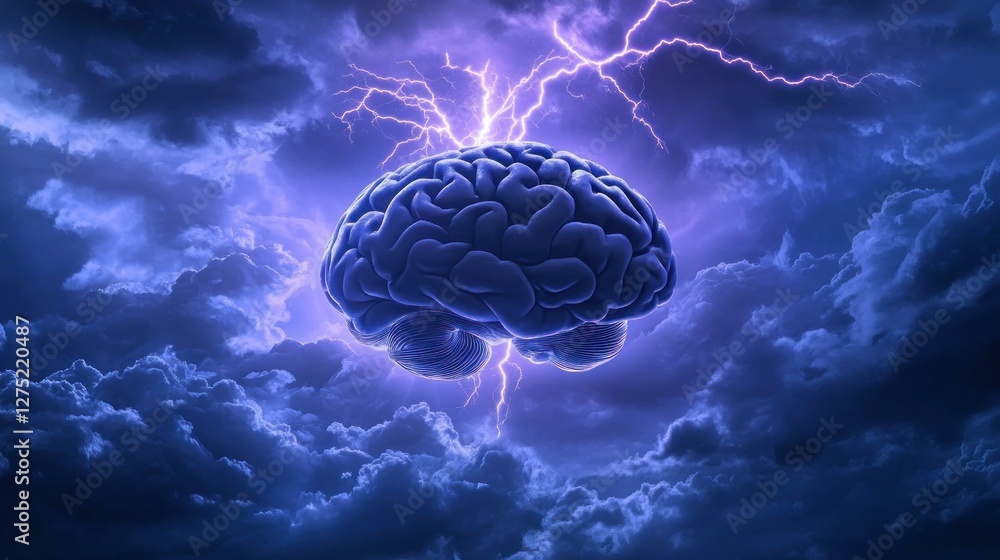 Poster a surreal depiction of a brain surrounded by dark clouds and lightning, symbolizing thought and ener