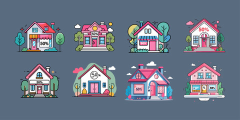 Icons sets collection of colorful cartoon style houses with unique designs and features, set against a dark background, showcasing playful and imaginative architecture