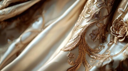 Elegant Satin Fabric with Intricate Gold Embroidery and Texture