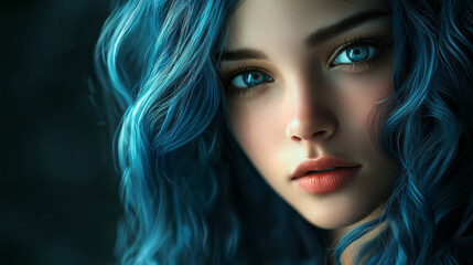 Naklejka premium Beautiful girl with blue hair, generative AI