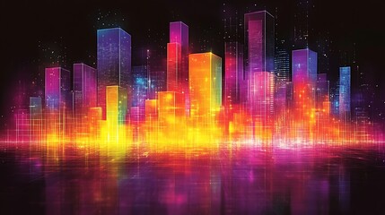 Futuristic cityscape digital art with glowing buildings
