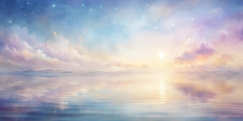 Obraz premium Serene Sunset Over a Tranquil Lake with Pastel Clouds and a Starry Sky, Reflecting the Heavenly Glow in the Still Waters