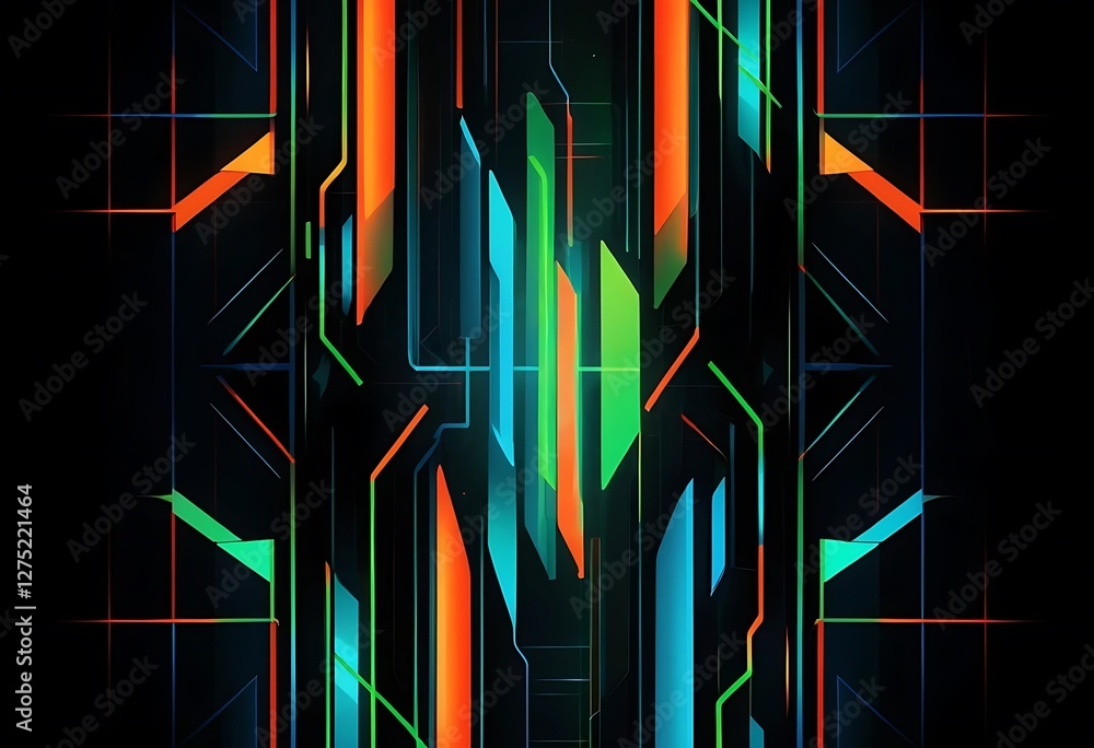 Poster vibrant abstract geometric pattern with neon glow on dark background