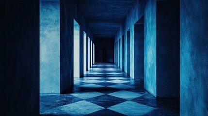 Fototapeta premium Abstract Architecture with Blue Lighting in Symmetrical Corridor