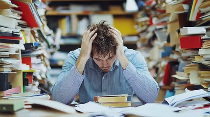 Overwhelmed Student  Stressed Man  Desk Chaos  Paperwork Overload