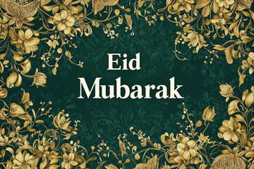 Intricate floral arabesque patterns in golden tones, "Eid Mubarak" text in modern white font on a forest green background.