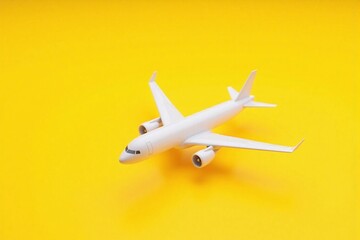 3D rendering white airplane on bright yellow background low angle