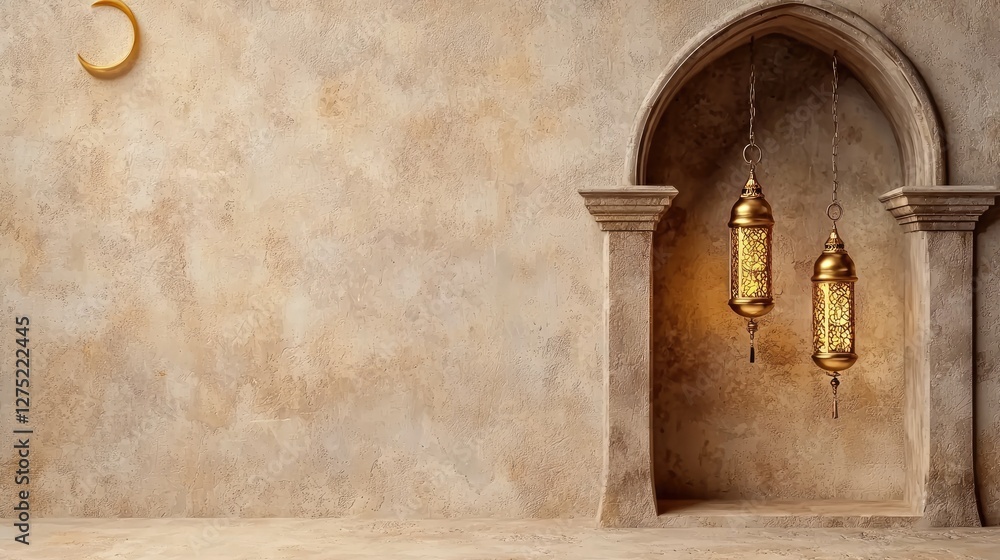 Poster elegant lanterns in a serene archway with soft textured background