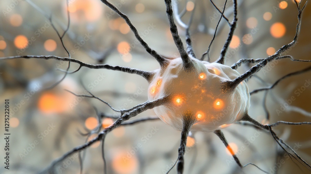 Poster a close-up view of a neuron with glowing connections, illustrating neural activity.