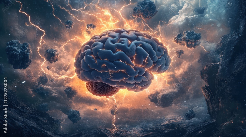 Poster a surreal depiction of a brain surrounded by cosmic elements and lightning.