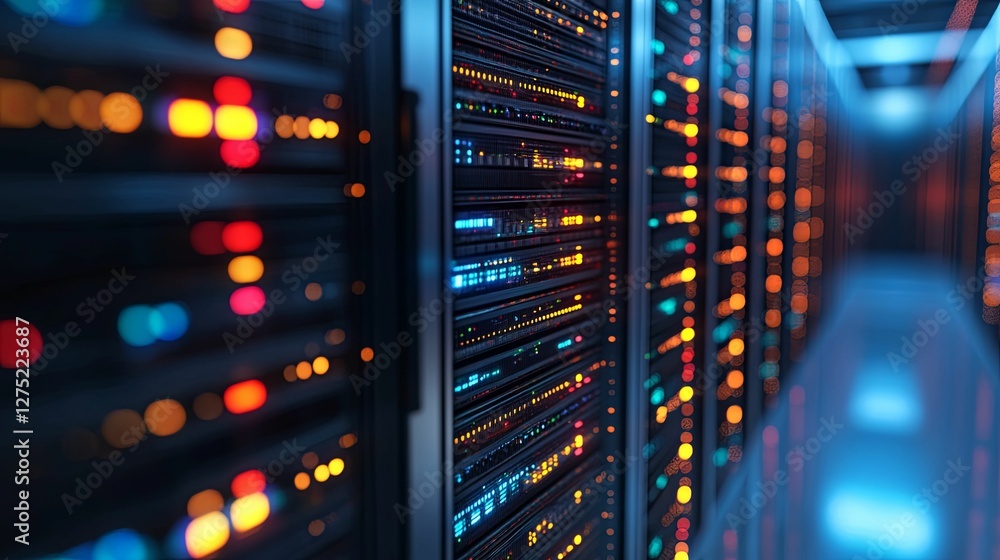Poster illuminated server racks in a modern data center