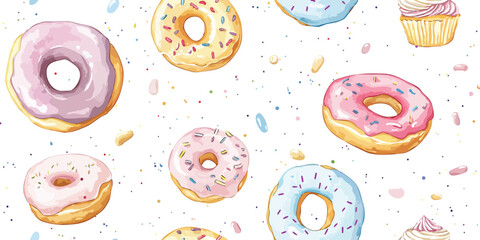 Watercolor pattern of multi colored donuts with sprinkles on a white background for greetings, invitations, manufacture wrapping paper, textile and web design