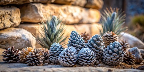 Frost-kissed pinecones nestled amongst succulents and stones, a serene winter scene of natural beauty