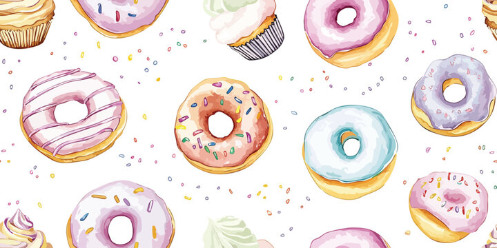 Watercolor pattern of multi colored donuts with sprinkles on a white background for greetings, invitations, manufacture wrapping paper, textile and web design