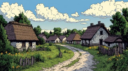 Obraz premium A quaint village with thatched roof houses surrounded by green lawns and trees. A dirt road winds through the scene under a clear blue sky with white clouds.