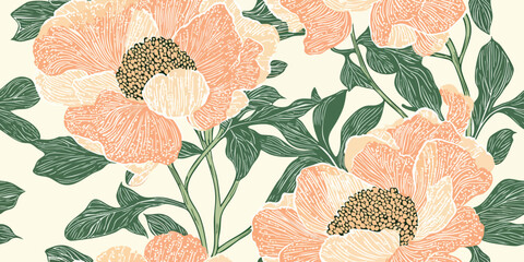 Abstract orange flower seamless pattern with dotted style. flower and leaves background.