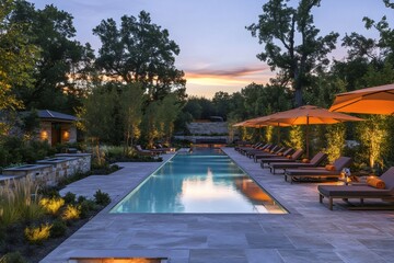 Tranquil illuminated swimming pool at dusk with deck chairs and orange umbrellas